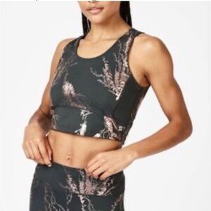 Sweaty Betty Kenza Luxe Black Cropped Sports Tank Rose Metallic Floral Print
